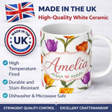 Personalized Custom Name Colorful Tulip Flowers White Background Spring Floral Seamless 11oz Ceramic Coffee Tea Mug White Large Handle