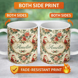 Personalized Custom Name Vintage Santa Claus Holly Floral Christmas Seamless Pattern Lovely 11oz Ceramic Coffee Tea Mug White Large Handle
