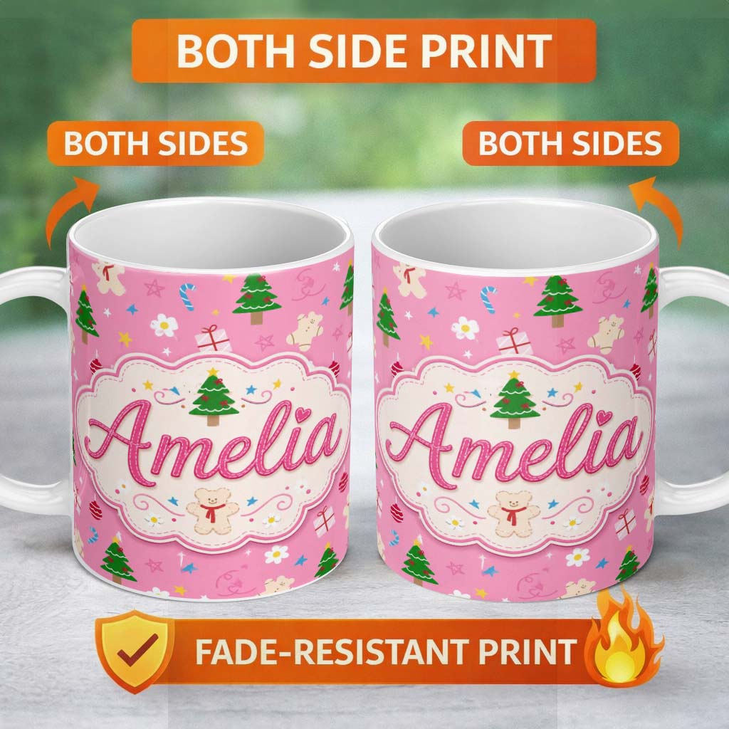 Personalized Custom Name Cute Christmas Cookie Candy Cane Tree Seamless Pattern Lovely 11oz Ceramic Coffee Tea Mug White Large Handle