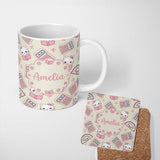 Personalized Custom Name Cute Kawaii Maths Cat Calculator Ruler Seamless Pattern Cream Lovely 11oz Ceramic Coffee Tea Mug White Large Handle