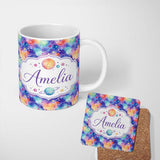 Personalized Custom Name Pastel Watercolor Galaxy Space Clouds Seamless Pattern Soft Cosmic 11oz Ceramic Coffee Tea Mug White Large Handle