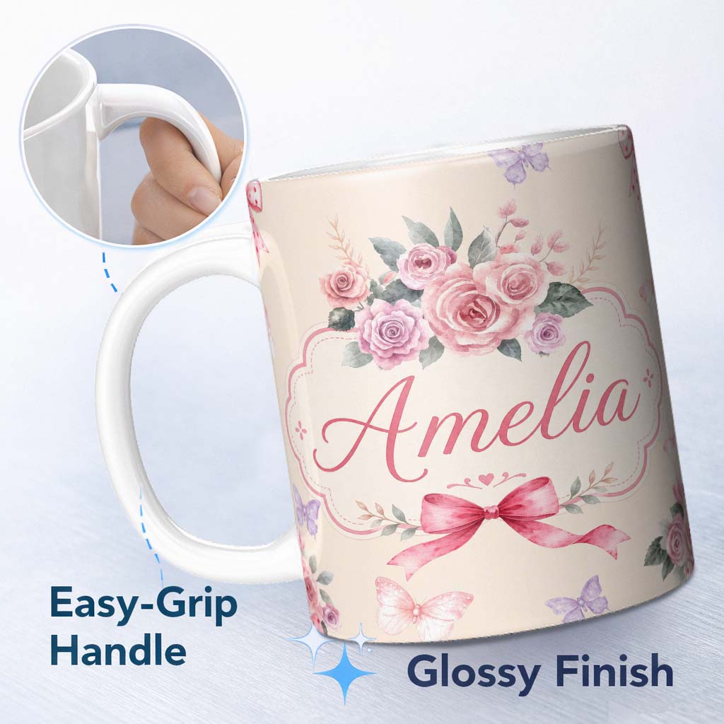 Personalized Custom Name Elegant Watercolor Rose Bouquet Ribbon Butterfly Soft Neutral Lovely 11oz Ceramic Coffee Tea Mug White Large Handle