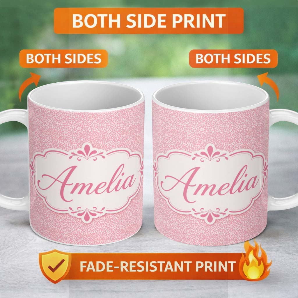 Personalized Custom Name Pastel Pink Watercolour Animal Print Soft Blended Seamless Pattern 11oz Ceramic Coffee Tea Mug White Large Handle