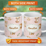 Personalized Custom Name Cute Baby Jungle Animals with Leaves on Blush Pink Background Lovely 11oz Ceramic Coffee Tea Mug White Large Handle