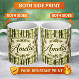 Personalized Custom Name Dark Bamboo Stalks with Layered Leaves Natural Green Seamless Lovely 11oz Ceramic Coffee Tea Mug White Large Handle