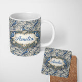 Personalized Custom Name Blue Jay Bird Neutral Botanical Leaf Classic Nature Textile Design 11oz Ceramic Coffee Tea Mug White Large Handle