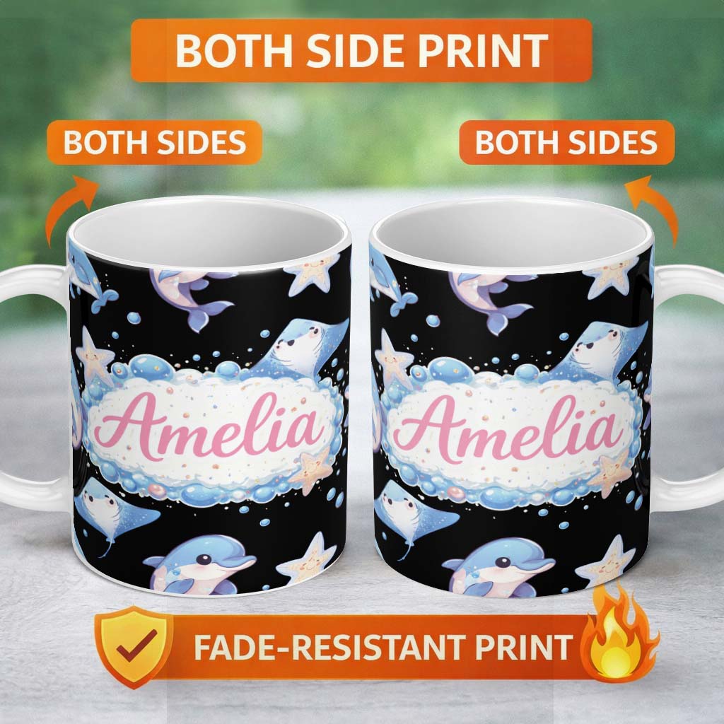 Personalized Custom Name Cute Dolphin Stingray Starfish Cartoon Sea Life Pattern Black Lovely 11oz Ceramic Coffee Tea Mug White Large Handle