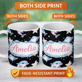 Personalized Custom Name Cute Dolphin Stingray Starfish Cartoon Sea Life Pattern Black Lovely 11oz Ceramic Coffee Tea Mug White Large Handle