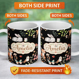 Personalized Custom Name Watercolour Woodland Animals with Bunny Fox and Butterflies Pattern 11oz Ceramic Coffee Tea Mug White Large Handle