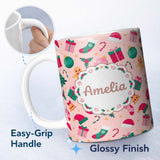 Personalized Custom Name Cute Gingerbread Candy Cane Baubles Christmas Seamless Pattern 11oz Ceramic Coffee Tea Mug White Large Handle
