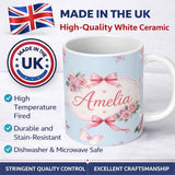 Personalized Custom Name Elegant Watercolor Rose Bouquet Ribbon Butterfly Soft Blue Lovely 11oz Ceramic Coffee Tea Mug White Large Handle