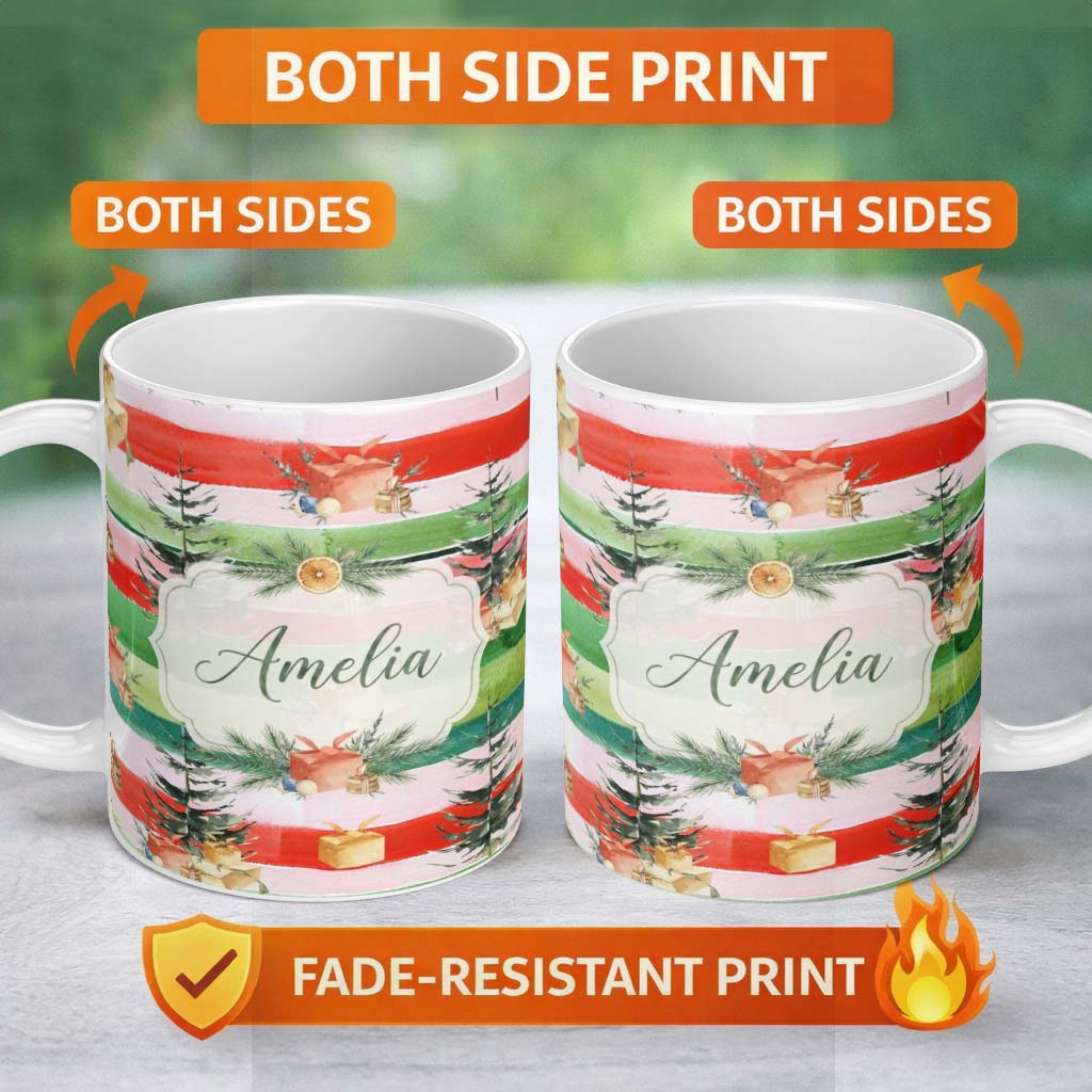 Personalized Custom Name Watercolor Christmas Tree Gift Box Stripe Background Seamless Lovely 11oz Ceramic Coffee Tea Mug White Large Handle