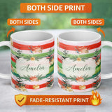 Personalized Custom Name Watercolor Christmas Tree Gift Box Stripe Background Seamless Lovely 11oz Ceramic Coffee Tea Mug White Large Handle