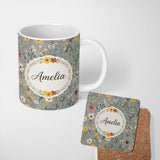 Personalized Custom Name Delicate Wildflower Botanical on Soft Blue Background Seamless 11oz Ceramic Coffee Tea Mug White Large Handle