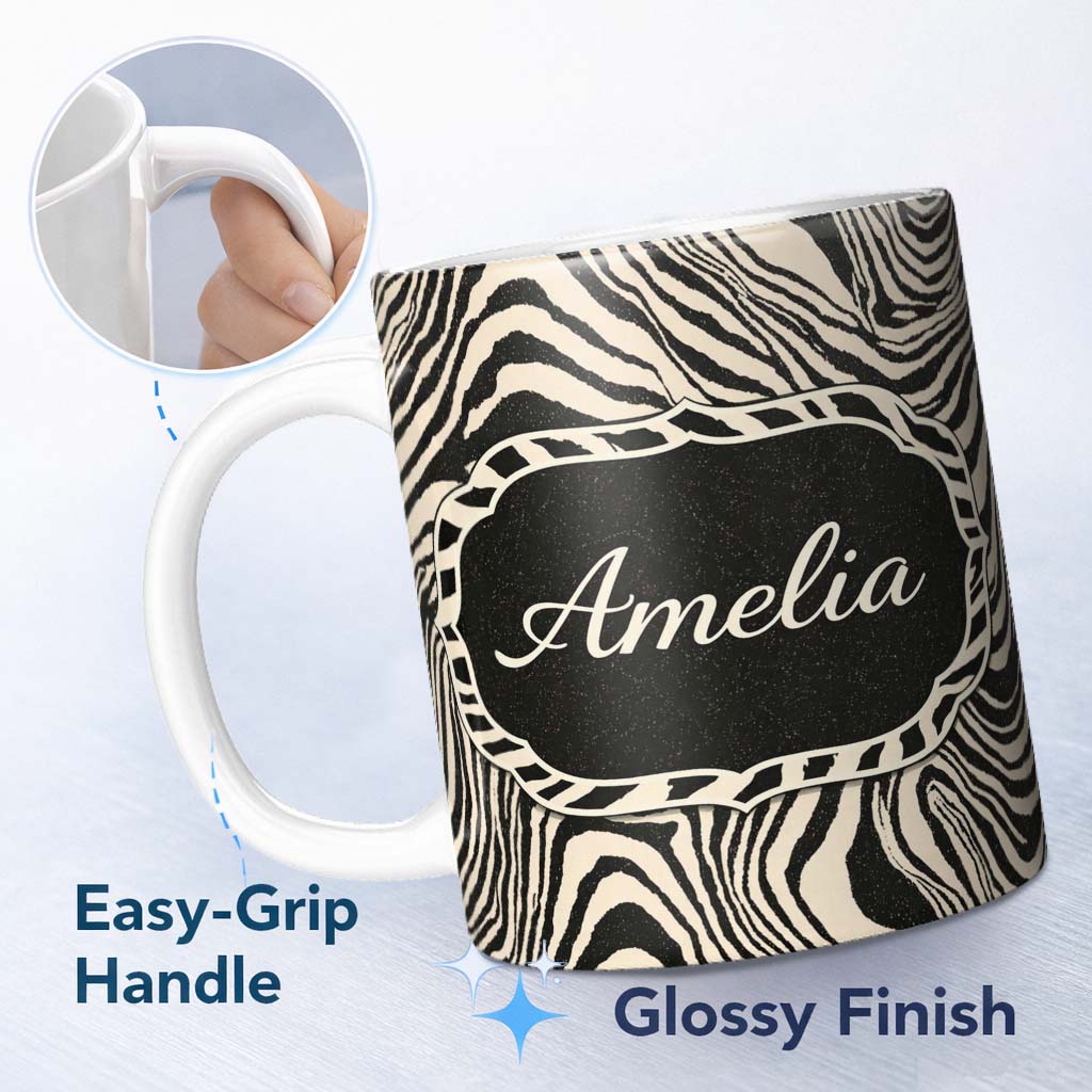 Personalized Custom Name Layered Contour Waves Black Cream Topographic Abstract Pattern 11oz Ceramic Coffee Tea Mug White Large Handle