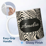 Personalized Custom Name Layered Contour Waves Black Cream Topographic Abstract Pattern 11oz Ceramic Coffee Tea Mug White Large Handle