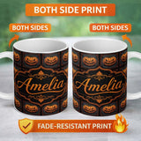 Personalized Custom Name Ornate Framed Pumpkin Gothic Dark Halloween Seamless Pattern Lovely 11oz Ceramic Coffee Tea Mug White Large Handle