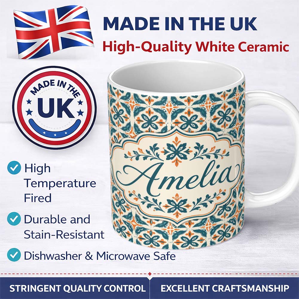 Personalized Custom Name Geometric Floral Tile Pattern in Teal and Burnt Orange on Neutral 11oz Ceramic Coffee Tea Mug White Large Handle