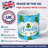 Personalized Custom Name Christmas Trees with Bows and Stars on Blue Background Cute Festive 11oz Ceramic Coffee Tea Mug White Large Handle
