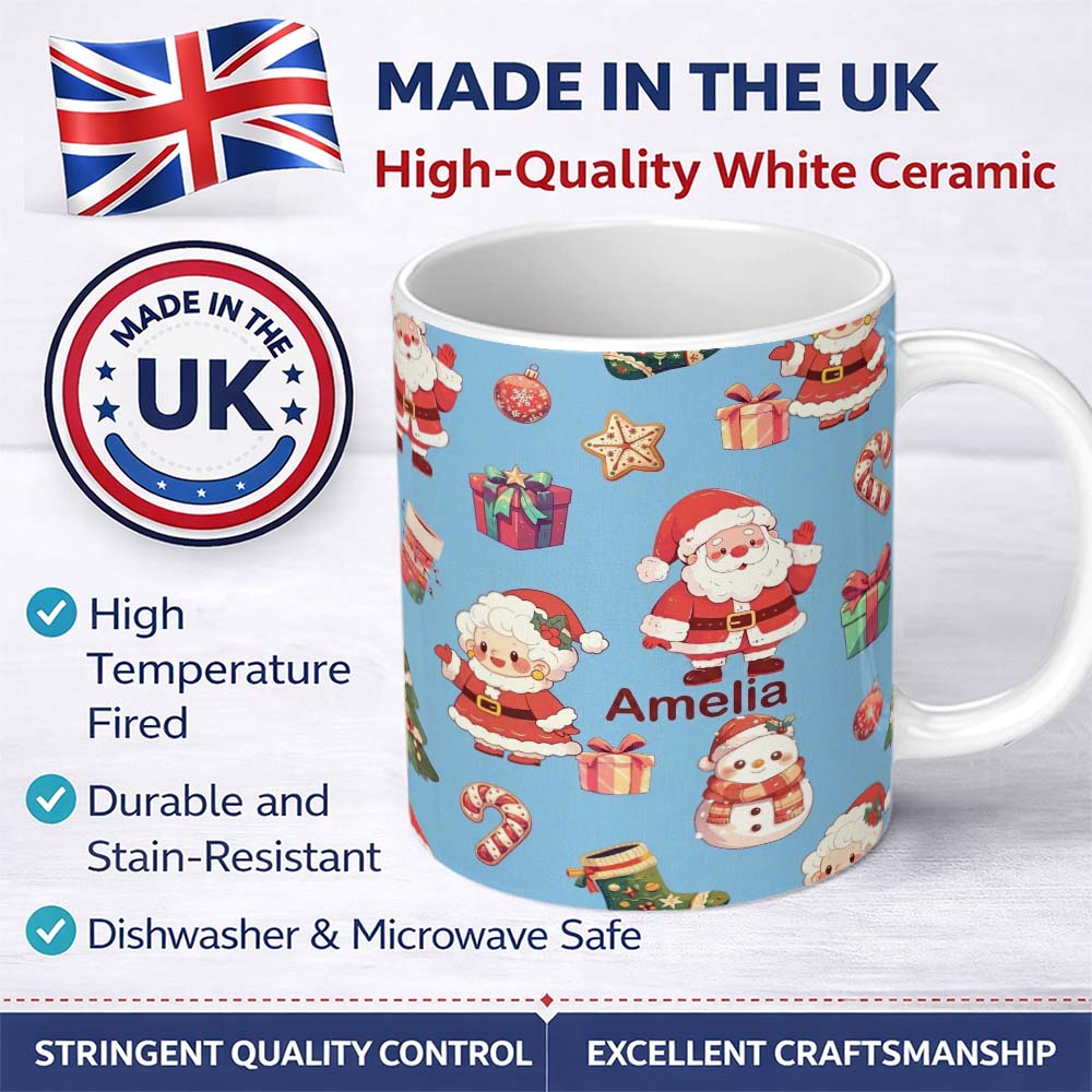 Personalized Custom Name Cute Santa Claus Mrs Claus Snowman Christmas Gift Pattern Blue 11oz Ceramic Coffee Tea Mug White Large Handle