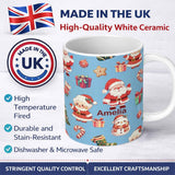 Personalized Custom Name Cute Santa Claus Mrs Claus Snowman Christmas Gift Pattern Blue 11oz Ceramic Coffee Tea Mug White Large Handle