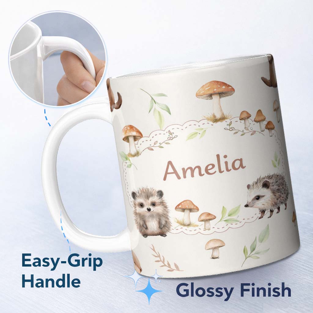 Personalized Custom Name Cute Woodland Hedgehog Mushrooms Leaves Seamless Pattern Warm Beige 11oz Ceramic Coffee Tea Mug White Large Handle