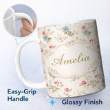 Personalized Custom Name Pastel Floral Spring Pattern Cream Background Seamless Lovely 11oz Ceramic Coffee Tea Mug White Large Handle