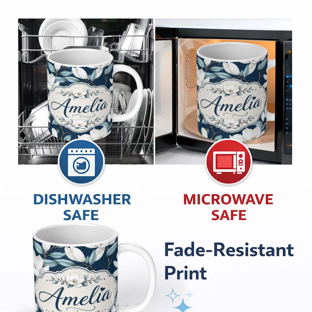Personalized Custom Name Magnolia Flowers with Blue Leaves on Dark Background Seamless Lovely 11oz Ceramic Coffee Tea Mug White Large Handle