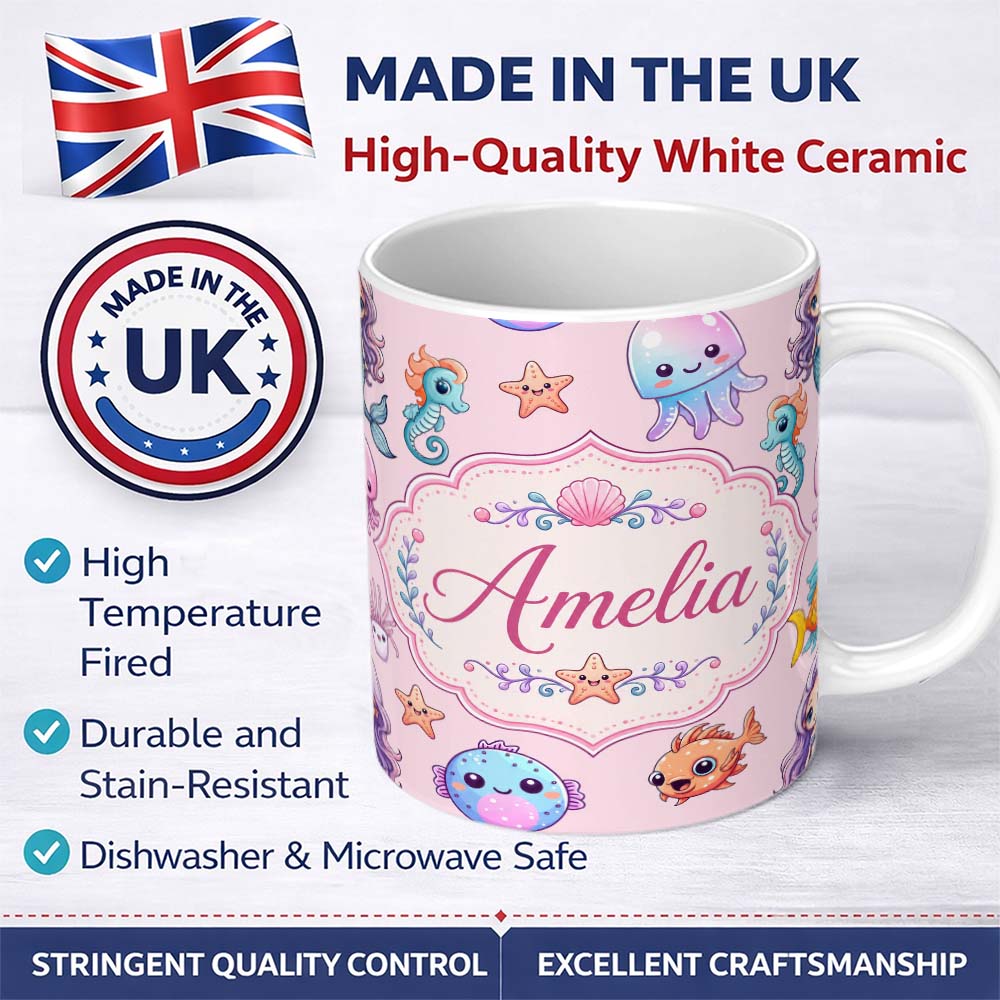 Personalized Custom Name Cute Cartoon Mermaid with Sea Creatures on Soft Pink Background Kids 11oz Ceramic Coffee Tea Mug White Large Handle