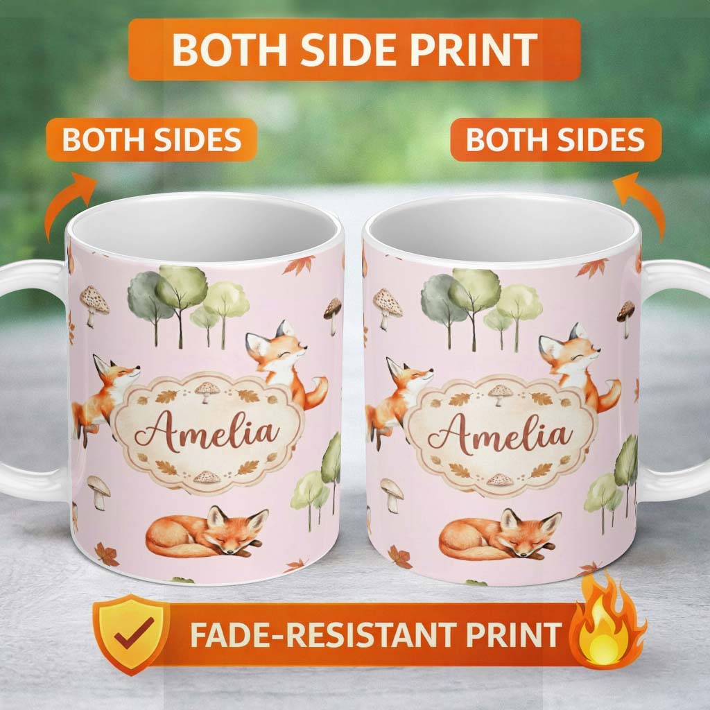 Personalized Custom Name Woodland Fox with Trees Leaves Mushrooms Soft Blush Seamless 11oz Ceramic Coffee Tea Mug White Large Handle