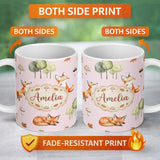 Personalized Custom Name Woodland Fox with Trees Leaves Mushrooms Soft Blush Seamless 11oz Ceramic Coffee Tea Mug White Large Handle