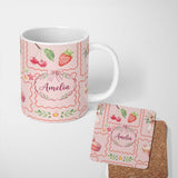 Personalized Custom Name Watercolor Cherry Strawberry Bow Macaron Dessert Frame Blush Pink 11oz Ceramic Coffee Tea Mug White Large Handle