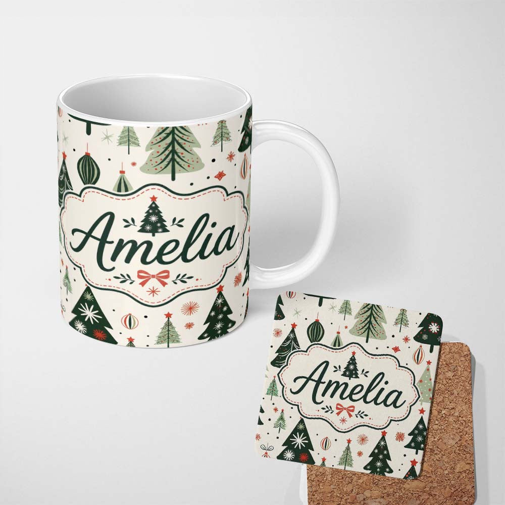 Personalized Custom Name Vintage Style Christmas Trees Ornaments Snowflakes Festive Seamless 11oz Ceramic Coffee Tea Mug White Large Handle