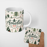 Personalized Custom Name Vintage Style Christmas Trees Ornaments Snowflakes Festive Seamless 11oz Ceramic Coffee Tea Mug White Large Handle