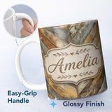 Personalized Custom Name Rustic Distressed Wood Chevron Pattern Vintage Texture Seamless 11oz Ceramic Coffee Tea Mug White Large Handle