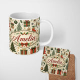 Personalized Custom Name Festive Christmas Trees Baubles Gifts Seamless Pattern Holiday 11oz Ceramic Coffee Tea Mug White Large Handle