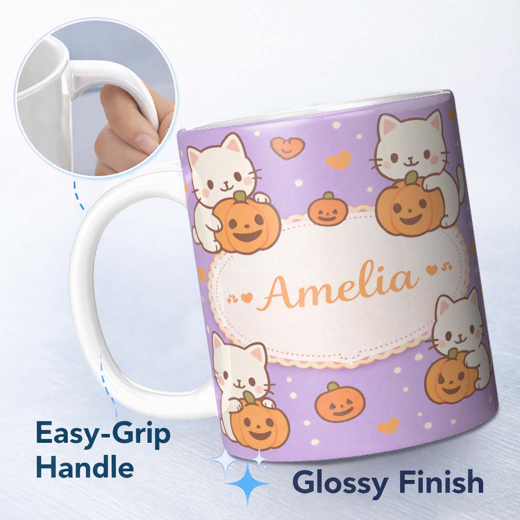 Personalized Custom Name Cute Halloween Cat Pumpkin Cartoon Animal Pattern Cute Unique Gift 11oz Ceramic Coffee Tea Mug White Large Handle