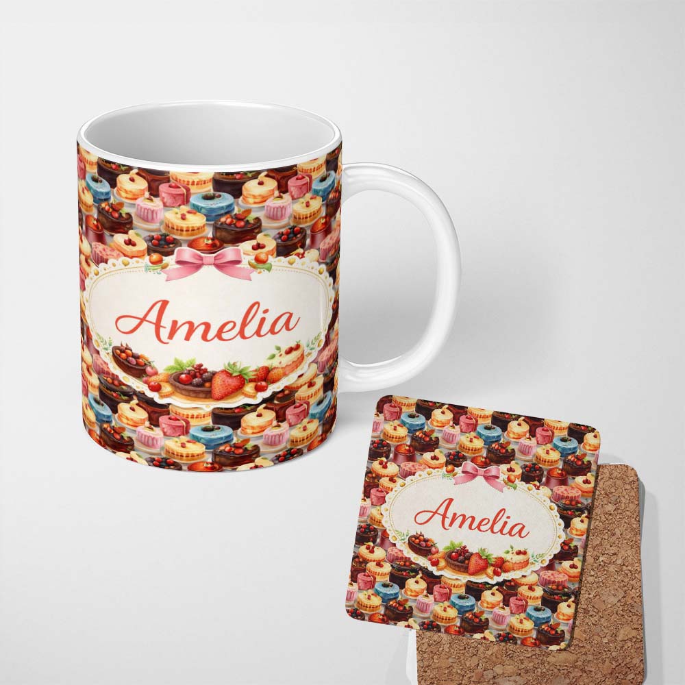 Personalized Custom Name Chocolate Strawberry Cake Seamless Pattern Realistic Dessert Sweet 11oz Ceramic Coffee Tea Mug White Large Handle