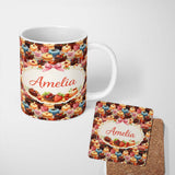 Personalized Custom Name Chocolate Strawberry Cake Seamless Pattern Realistic Dessert Sweet 11oz Ceramic Coffee Tea Mug White Large Handle