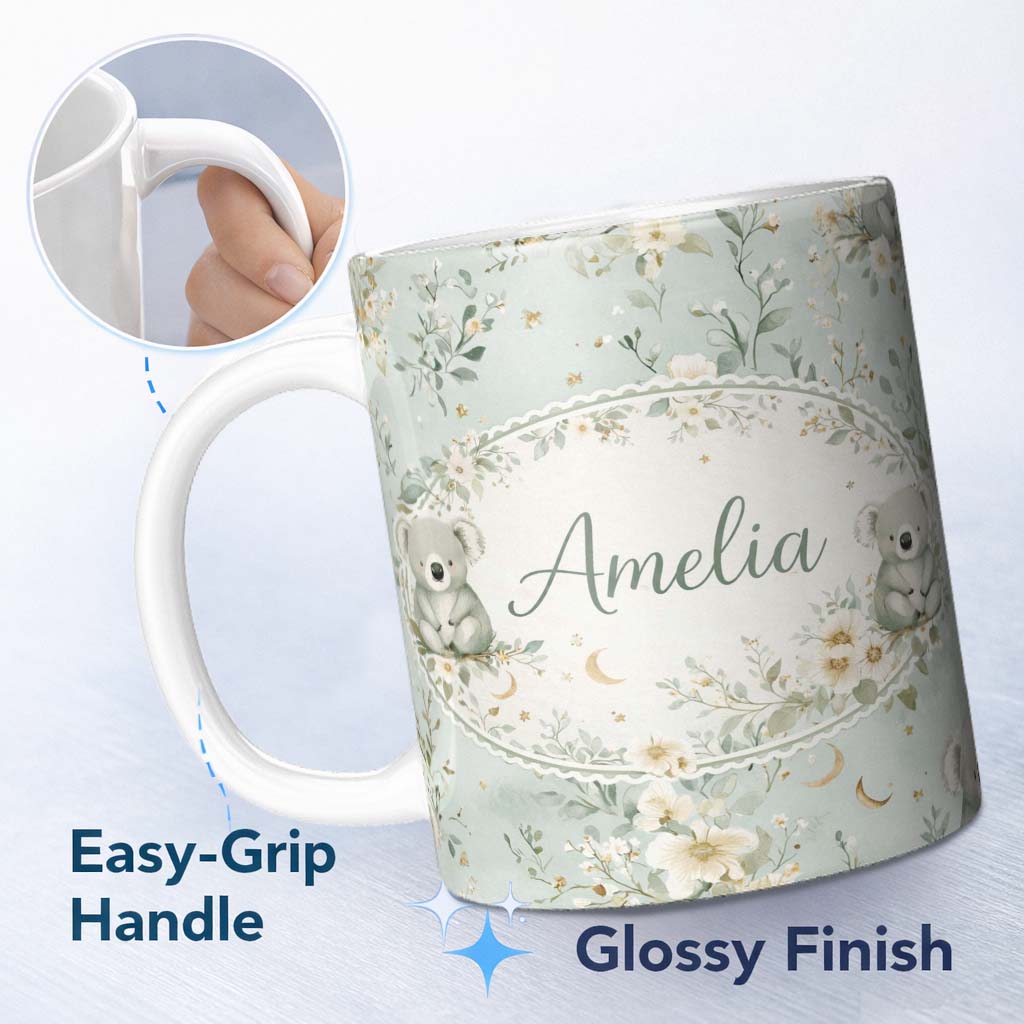 Personalized Custom Name Daisy and Moon Botanical Pattern Green Background Seamless Lovely 11oz Ceramic Coffee Tea Mug White Large Handle