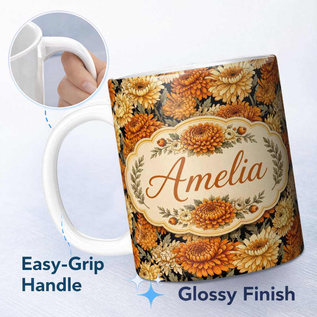 Personalized Custom Name Orange and Cream Chrysanthemum Floral Seamless Pattern on Black 11oz Ceramic Coffee Tea Mug White Large Handle