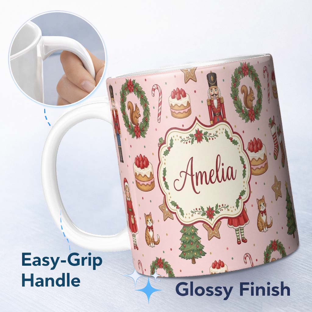 Personalized Custom Name Christmas Nutcracker Squirrel Cake Candy Cane Girl Tree Light Pink 11oz Ceramic Coffee Tea Mug White Large Handle
