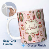 Personalized Custom Name Christmas Nutcracker Squirrel Cake Candy Cane Girl Tree Light Pink 11oz Ceramic Coffee Tea Mug White Large Handle