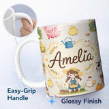 Personalized Custom Name Cute Farm Animals Girl Pig Cow Chicken Cream Background Seamless 11oz Ceramic Coffee Tea Mug White Large Handle