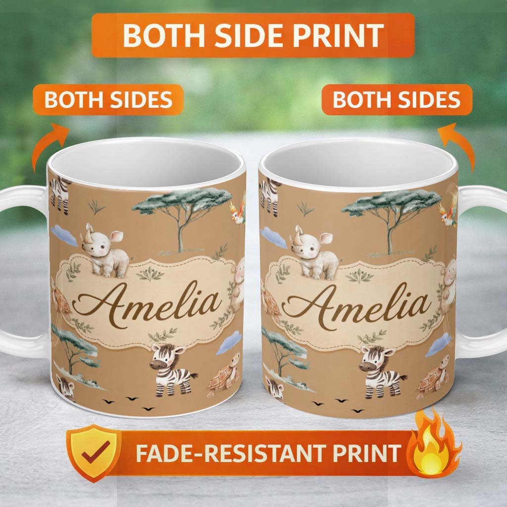 Personalized Custom Name Cute Safari Animals Zebra Rhino Turtle on Tan Seamless Pattern 11oz Ceramic Coffee Tea Mug White Large Handle