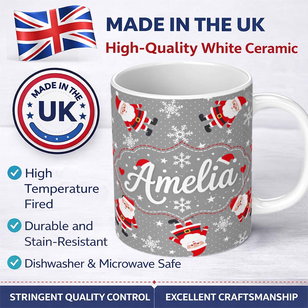 Personalized Custom Name Cute Santa Claus Snowflake Winter Seamless Pattern Cute Unique Gift 11oz Ceramic Coffee Tea Mug White Large Handle