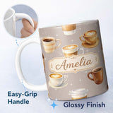 Personalized Custom Name Coffee Latte Cappuccino Mug Seamless Pattern on Light Beige Lovely 11oz Ceramic Coffee Tea Mug White Large Handle