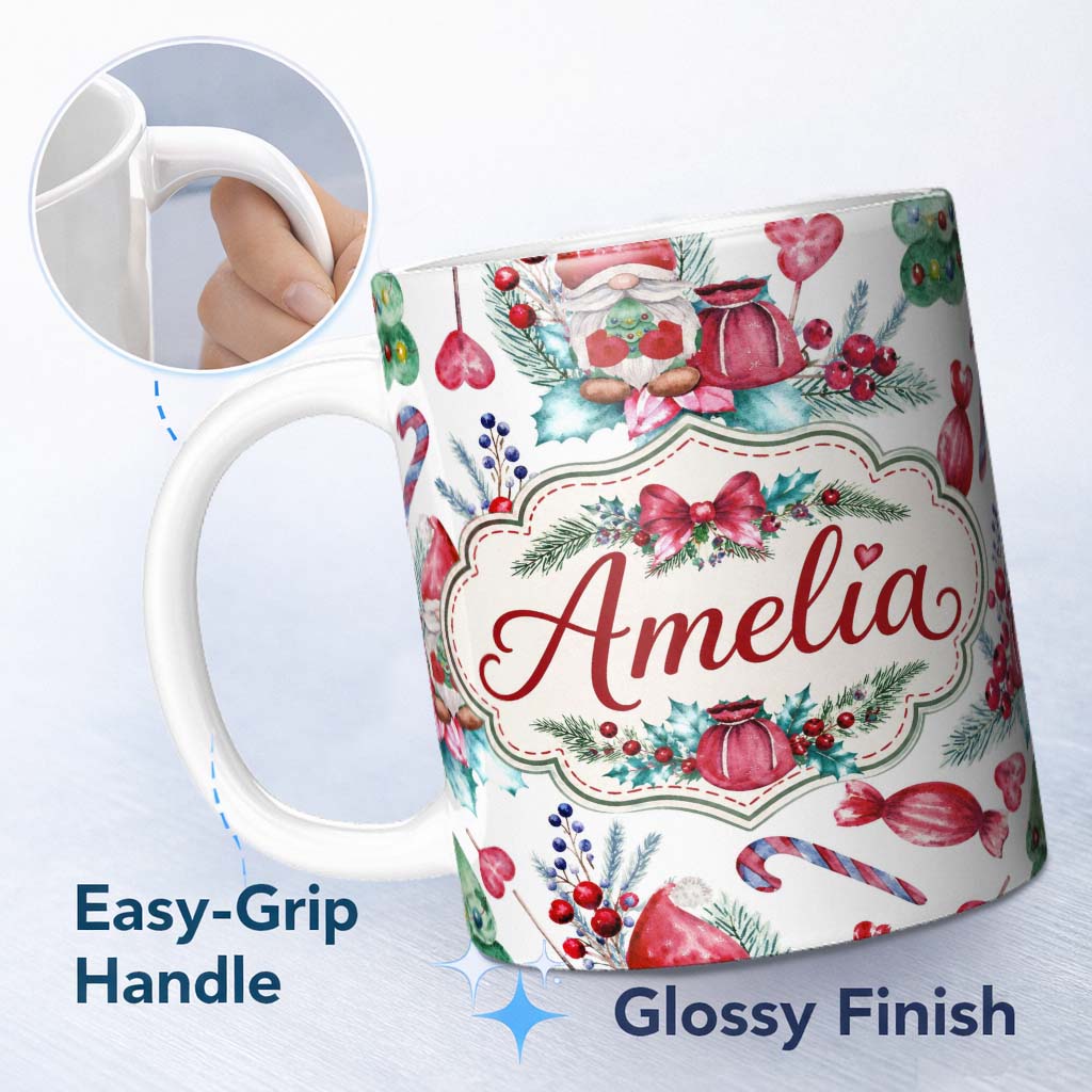 Personalized Custom Name Watercolor Christmas Gnome Candy Cane Tree Hearts Festive Seamless 11oz Ceramic Coffee Tea Mug White Large Handle