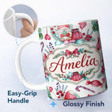 Personalized Custom Name Watercolor Christmas Gnome Candy Cane Tree Hearts Festive Seamless 11oz Ceramic Coffee Tea Mug White Large Handle