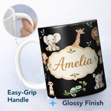 Personalized Custom Name Safari Animals with Elephant Lion and Crocodile on Black Background 11oz Ceramic Coffee Tea Mug White Large Handle